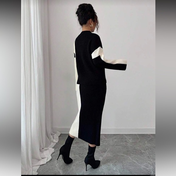 NEW - Women’s Colorblock Vintage Crew Neck Sweater Top And Skirt Set - Picture 3 of 7
